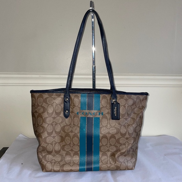 Coach Varsity Stripe City Zip Tote Signature Midnight/Light Blue Stripe … - Picture 1 of 8